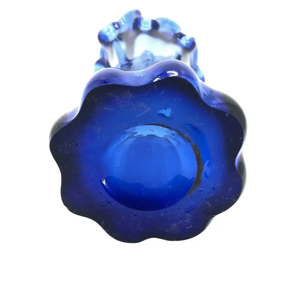 Vintage Cobalt Blue Ruffled Top Vase 9.5” Tall Heavy Finger Swung flower glass - Picture 4 of 5